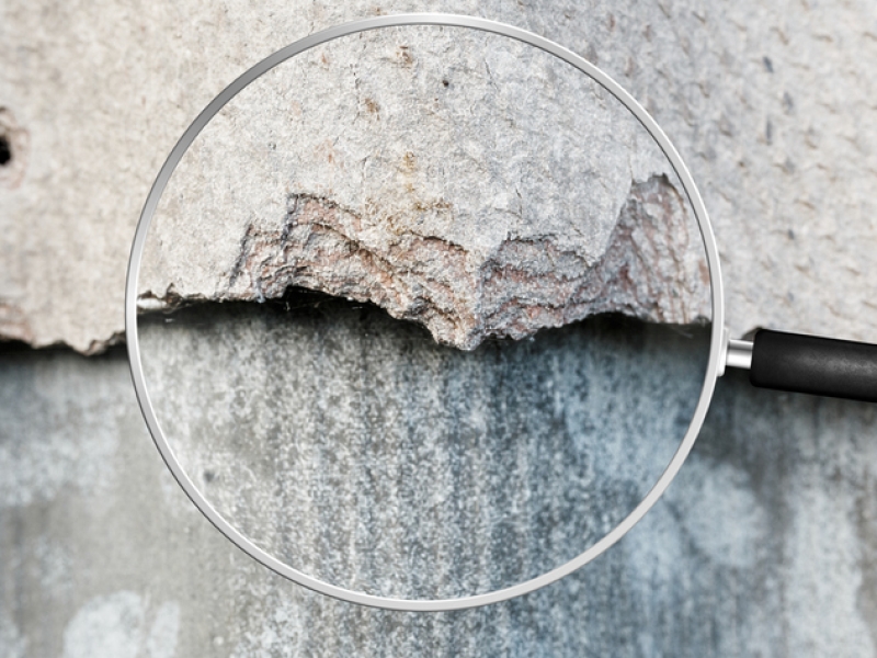 Old and very dangerous asbestos roof. Asbestos dust in the environment. Health problems. View through magnifying glass