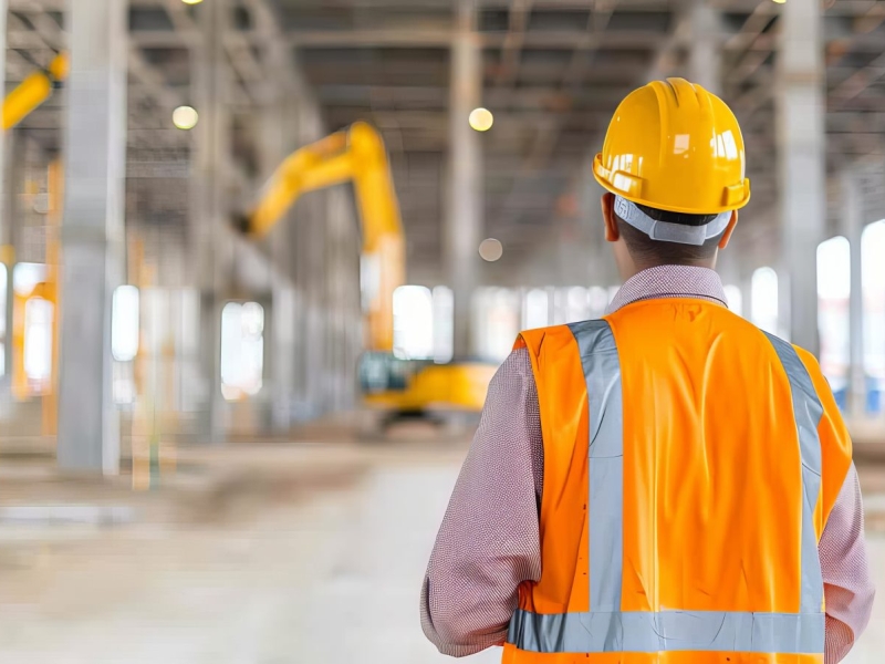 Large-scale construction site of a commercial building, showcasing advanced architectural planning, heavy machinery, and development progress