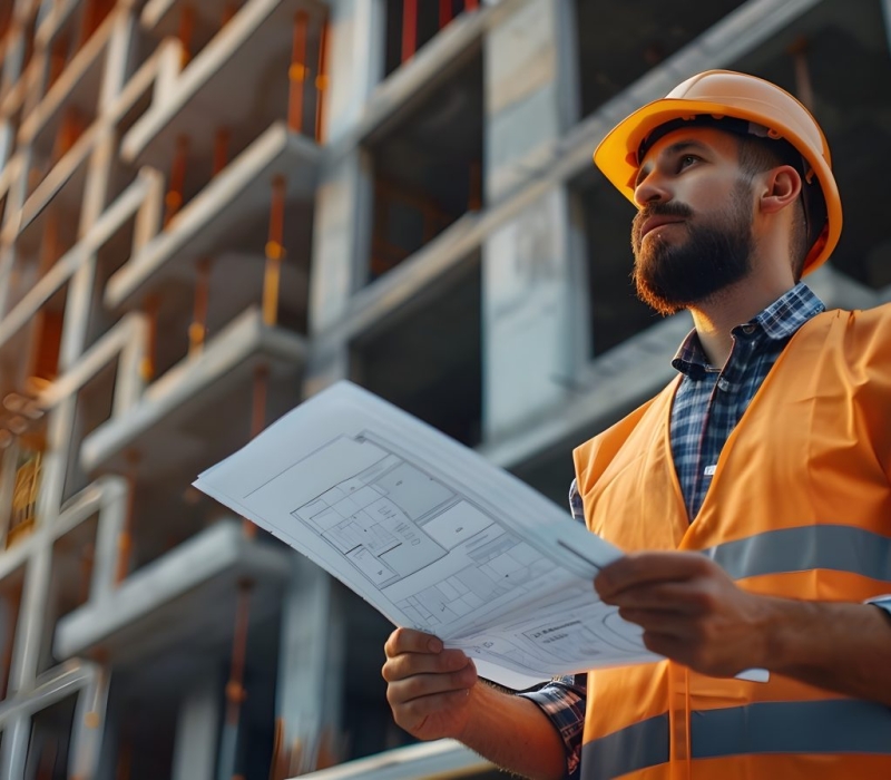 Construction Site Manager Overseeing New Development with Blueprints and Focus